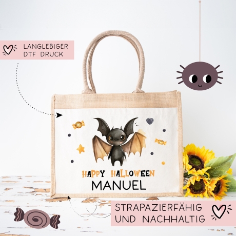 Halloween Tasche mit Wunschname | Beutel mit Fledermaus und Name | Happy Halloween | Tragetasche für Kinder für Süßigkeiten an Halloween