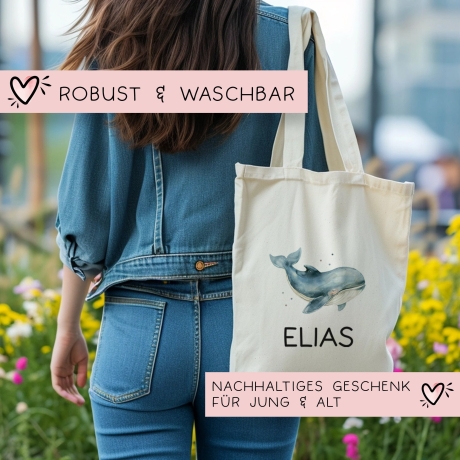 Einschulung Stofftasche mit Namen Wal personalisiert Kinder-Beutel als Sporttasche, Wechselwäsche, Stoffbeutel Kita, Schule & Kindergarten