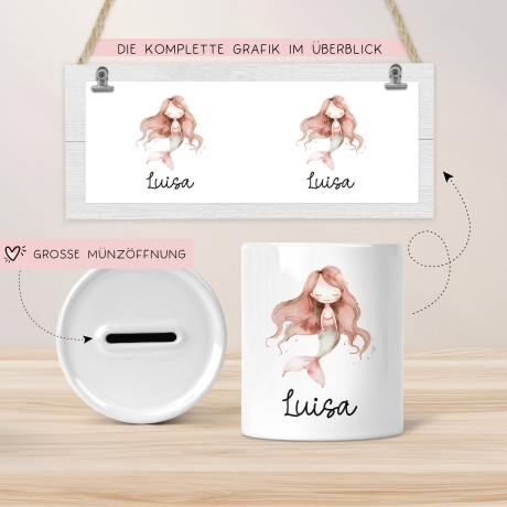 Spardose Meerjungfrau Personalisiert mit Name oder Wunschnamen für Mädchen aus Keramik. Geschenk Taufe, Geburtstag od. Weihnachten - 07