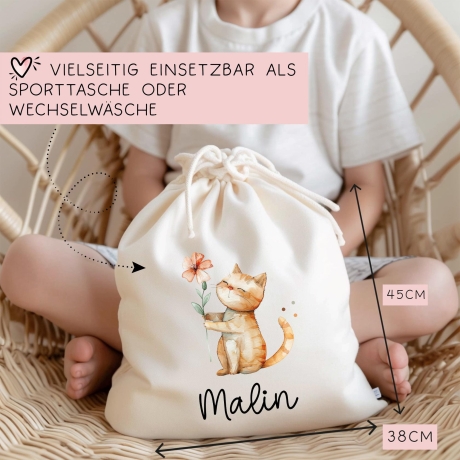 Personalisierter Turnbeutel Katze und Wunschnamen für Schule - Kindergarten, KITA - als Wäschebeutel, Sportbeutel - Weihnachtsgeschenk