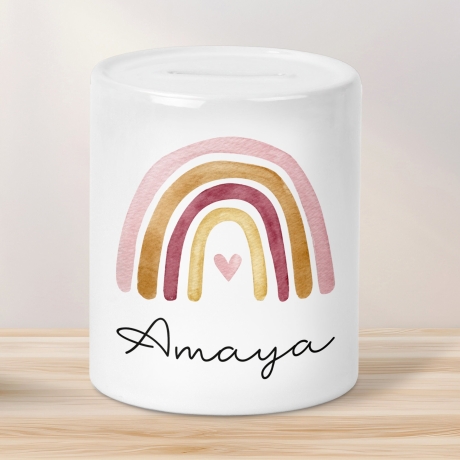 Personalisierte Kinder Spardose Regenbogen Aquarell mit Namen Wunschname und Datum -Geschenk für Jungen & Mädchen zum Geburtstag Weihnachten