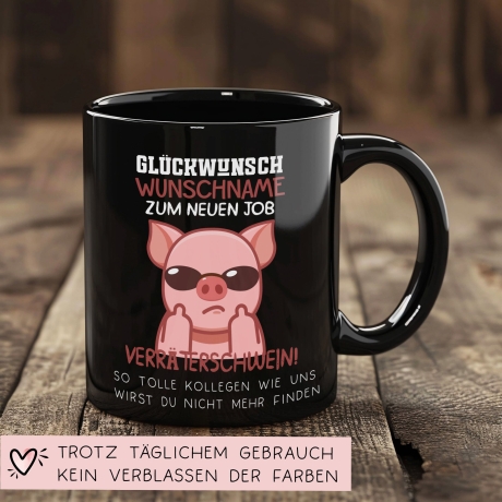 Neuer Job Tasse mit Namen - Abschiedsgeschenk Kollegen - Personalisierte Tasse mit Spruch: Glückwunsch zum neuen Job Kaffeetasse Sparschwein