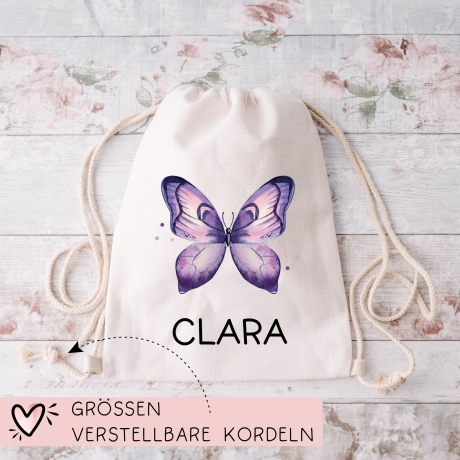 Kinder Turnbeutel Schmetterling Personalisiert | Rucksack mit Wunschnamen | Gymbag, Sportbeutel für Schule, Kindergarten, Trainingsbeutel