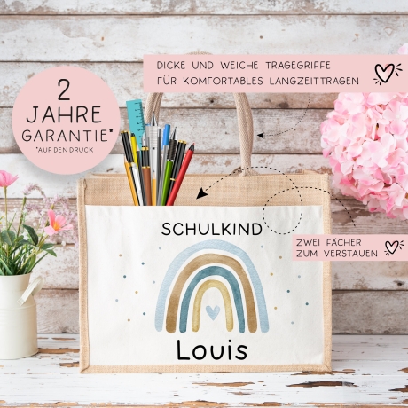 Einschulung Tasche Regenbogen Schulkind mit Wunschnamen | Jute Pocket |Personalisiert | Herz als Geschenktasche für Schulanfang - 1 Schultag
