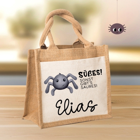 Stofftasche Halloween mit Namen | Pocket Tasche | Wunschnamen | Süßes oder Saures | Jute | Tragetasche für Kinder für Süßigkeiten | Spinne