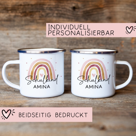 Schulkind Emaille Tasse Emaille Becher mit Namen personalisiert Regenbogen Rosa oder Blau für Jungs und Mädchen. Einschulung Geschenkidee