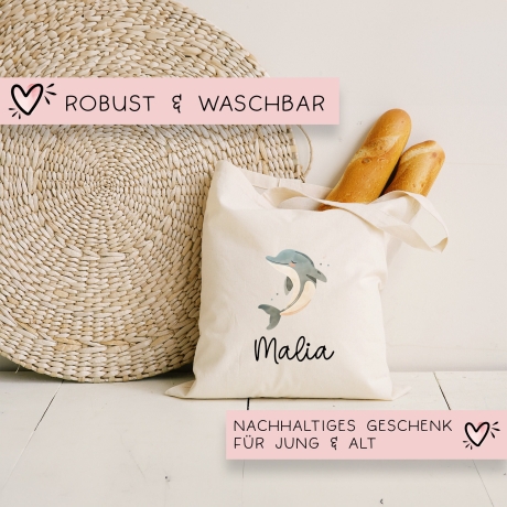 Stofftasche Delfin Delphin Personalisiert und Namen. Meer. Für Kindergarten und Schule - Wäschebeutel Wechselwäsche KITA | Mädchen & Junge