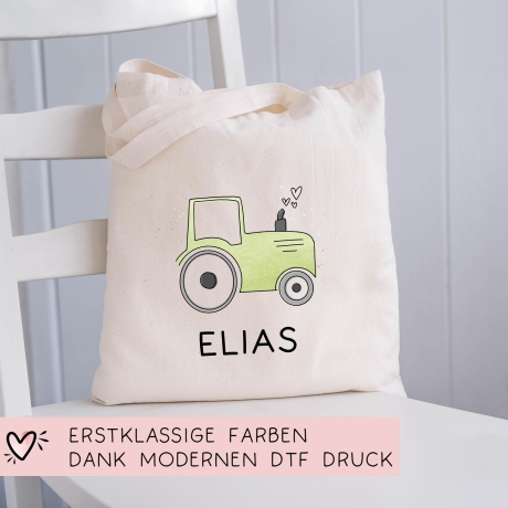 Traktor Grün Baumwolltasche Stofftasche Name - Kinder Beutel Jutetasche Kindertasche & Wunschname - Wechselwäsche - Tragetasche - Jutebeutel