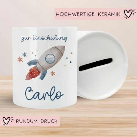 Einschulung Spardose Rakete für Kinder - Personalisiert Rakete Weltraum und Namen - Geschenk für Junge & Mädchen zur Einschulung Schule
