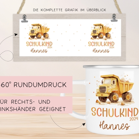 LKW Kipplaster Kindertasse Schulkind Name Emaille Tasse Kind Schulanfang personalisiert Kinder Geschenk Geburtstagsgeschenk