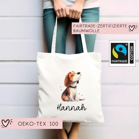 Personalisierte Stofftasche Beagle Hund Name - Kinder Beutel Kindertasche mit Wunschname - Wechselwäsche, Schmutzwäsche - Wechselkleidung