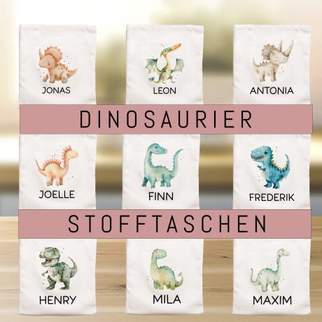 Kinder-Beutel Stoffbeutel Dinosaurier Dino Wunschname Stofftasche Tasche personalisiert als Sporttasche, Wechselwäsche, Schule, Kindergarten