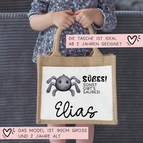 Stofftasche Halloween mit Namen | Pocket Tasche | Wunschnamen | Süßes oder Saures | Jute | Tragetasche für Kinder für Süßigkeiten | Spinne