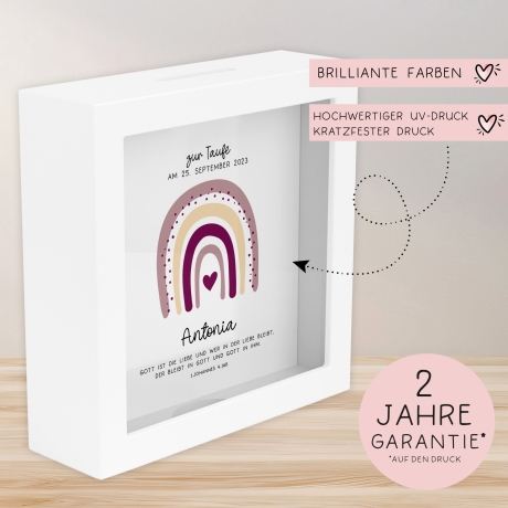Holz Spardose Taufe personalisiert mit Namen zur Geburt Kommunion Konfirmation eines Kindes mit Taufspruch und als Geldgeschenk–Taufgeschenk