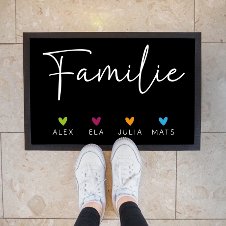 Personalisierte Fußmatte - Fussmatte mit Wunschnamen | Familie mit Herzen | 60x40 cm | Geschenkidee zum Umzug, Einzug für Familien, Umzug
