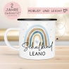 Schulanfang Schulkind Emaille Tasse Becher | Personalisiert mit Wunschnamen | Kindertasse zur Einschulung | Regenbogen im Aquarell-Stil
