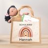 Einschulung Jute Pocket Tasche Personalisiert mit Wunschnamen | Schulkind Regenbogen Herz als Geschenktasche für Schulanfang - 1 Schultag