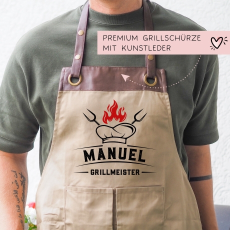 Grillschürze Kochmütze personalisiert für Männer mit Name Kunstleder Applikation zum Geburtstag - Weihnachten Baumwollschürze, Küchenschürze