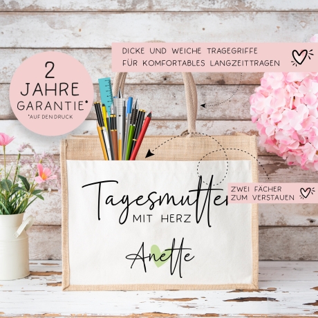 Tagesmutter mit Herz Tasche mit Namen - kleines Geschenk - Dankeschön Juteasche Abschiedsgeschenk - Beste Tagesmutter mit Wunschtext