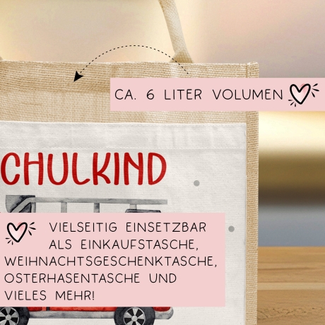 Feuerwehrauto Schulkind Tasche Wunschnamen 2024 | 100% Jute | Löschzug Brandwache | Geschenk Einschulung | Schultüte personalisiert | Schule