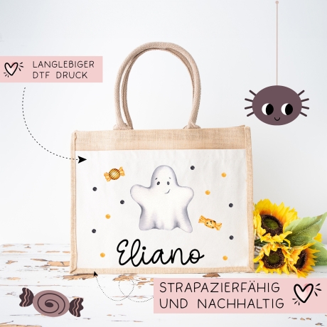 Halloween Stoff Tasche mit Namen | Beutel mit Geist und Bonbons | Candy Bag mit Namen | Tragetasche für Kinder für Süßigkeiten an Halloween