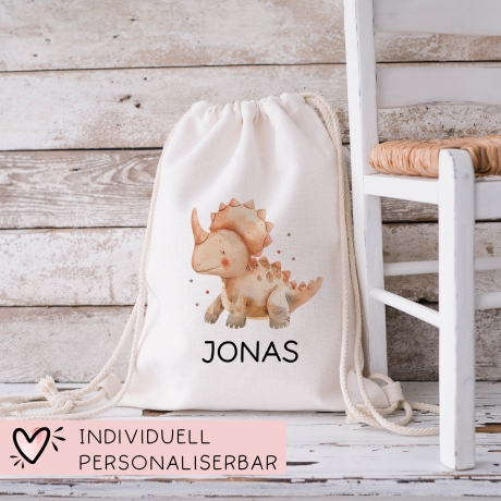 Personalisierter Turnbeutel Dinosaurier Dino Triceratops  mit Wunschnamen |Rucksack für Schule, Kindergarten,KITA,Wäschebeutel,Sportbeutel