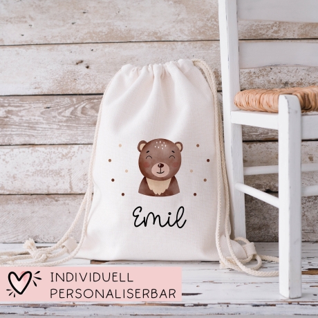 Turnbeutel Rucksack mit Namen und einem Bär -GymBag als Wäschebeutel, Sportbeutel Kinderbeutel für Schule, Kindergarten, Kita.Personalisiert