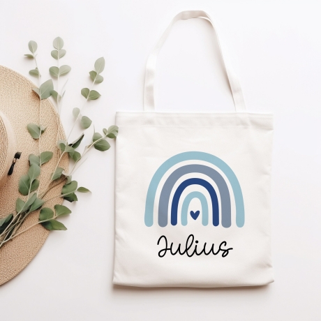 Regenbogen Blau Stofftasche Tasche Kinder-Beutel mit Namen als Sporttasche, Wechselwäsche, Tragetasche - Kita, Schule & Kindergarten - 03