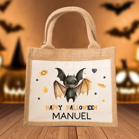 Halloween Tasche mit Namen - Wunschnamen aus Jute - Fledermaus Geist Spinne - Süßes oder Saures - Personalisiert - Für Kinder ab 2 Jahre