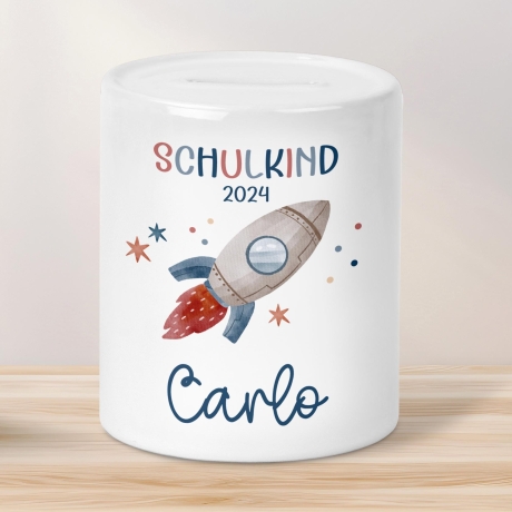 Schulkind 2024 Spardose für Kinder Personalisiert Rakete Weltraum mit Namen - Blau - Geschenk für Junge & Mädchen zur Einschulung