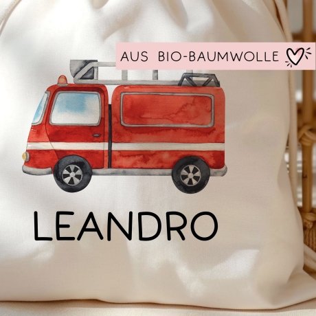 Stofftasche Feuerwehrauto Personalisiert mit Namen. Feuerwehr für Schule und Kindergarten als Wäschebeutel Wechselwäsche für Mädchen & Junge