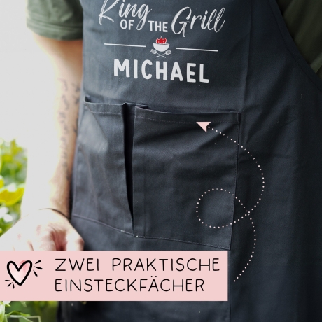 Grillschürze personalisiert King of the Grill für Männer mit Name & Kunstleder zum Geburtstag - Weihnachten Baumwollschürze, Küchenschürze