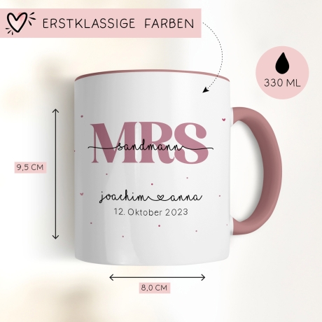 Mr & Mrs Tasse Hochzeit personalisiert mit Wunschnamen und Datum – Namenstasse Hochzeitsgeschenk - Braut Bräutigam – Kaffeetasse - 330 ml