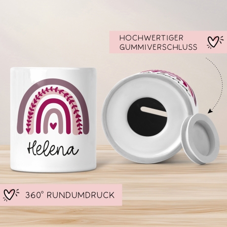 Personalisierte Spardose Regenbogen mit Namen und Datum - Lila - Geschenk für Mädchen zum Geburtstag Weihnachten Firmung Geburt Einschulung
