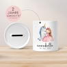 Spardose Einhorn & Prinzessin Blau Name Personalisiert für Mädchen zum Geburtstag, Taufe Kommunion Firmung Konfirmation, Weihnachten