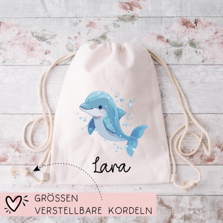 Turnbeutel Wäschebeutel Delfin Delphin - Personalisiert - Wunschnamen - Schule - mit Name - Rucksack - Wechselkleidung - Weihnachten