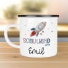 Schulanfang Kindertasse Schulkind 2024 Einschulung Name Emaille Tasse Kind personalisiert Kinder Hubschrauber LKW Rakete Regenbogen Bär Ufo