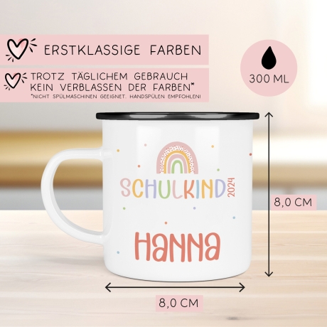 Schulanfang Regenbogen Kindertasse 2024 Schulkind Name Emaille Tasse Kind Kindergeschirr personalisiert Kinder Geschenk