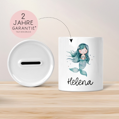 Spardose mit Name und Meerjungfrau Personalisiert Wunschnamen für Mädchen aus Keramik. Geschenk Taufe, Geburtstag od. Weihnachten