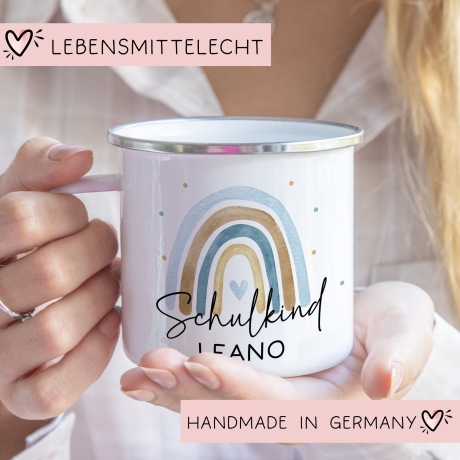 Schulanfang Schulkind Emaille Tasse Becher | Personalisiert mit Wunschnamen | Kindertasse zur Einschulung | Regenbogen im Aquarell-Stil