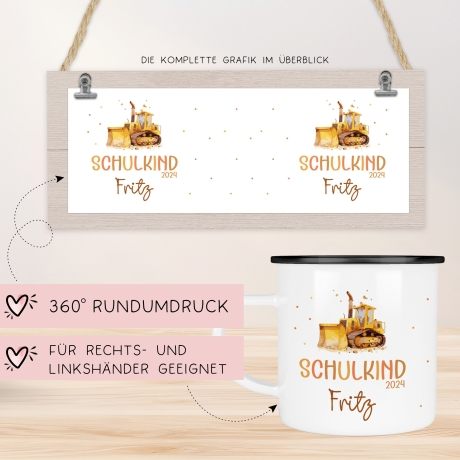 Schulkind LKW Kipplaster Emaille-Tasse für Schulkinder Einschulung Schulanfang  - personalisiertes Kindergeschirr mit Namen