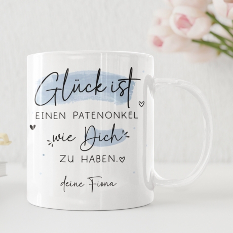 Personalisierte Tasse mit Spruch Glück ist, einen Patenonkel wie dich zu haben. Super Geschenk für Geburtstage, Ostern oder Weihnachten