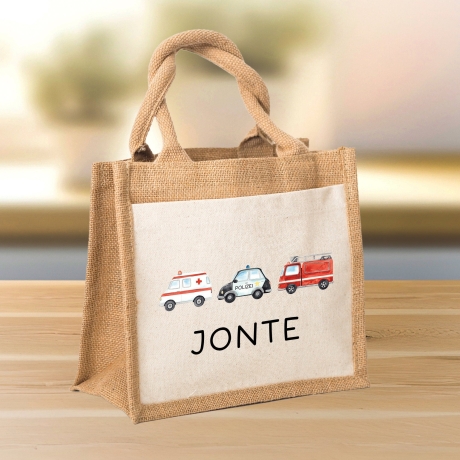 Tasche mit Wunschnamen RTW Polizeiwagen Feuerwehr Krankenwagen | 100% Jute | Geschenk Geschenk zum Geburtstag, Nikolaus, Weihnachten Ostern