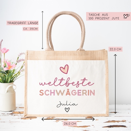 Weltbeste Schwägerin Tasche Stoffbeutel - mit Wunschname - Einkaufstasche - Tolle Geschenkidee für Mit Namen zum Geburtstag Personalisiert