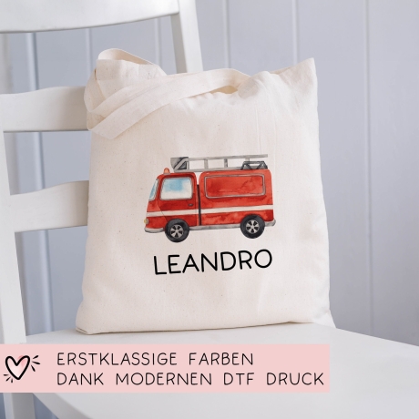 Stofftasche Feuerwehrauto Personalisiert mit Namen. Feuerwehr für Schule und Kindergarten als Wäschebeutel Wechselwäsche für Mädchen & Junge