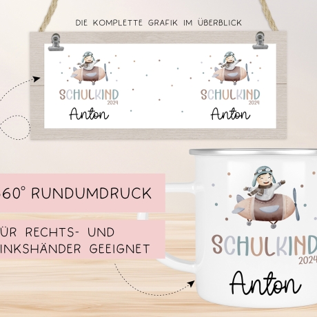 Schulanfang  Kindertasse Schulkind Flugzeug Name Emaille Tasse Kind Kindergeschirr personalisiert Kinder Geschenk Geburtstagsgeschenk