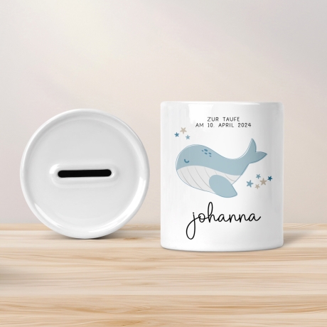 Personalisierte Spardose zur Taufe Motiv: Wal - mit Wunschnamen-Geschenk für Jungen & Mädchen zur Kommunion, Konfirmation, Firmung, Geschenk