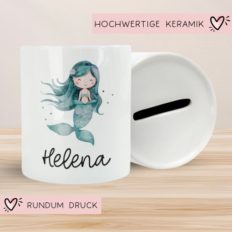 Spardose mit Name und Meerjungfrau Personalisiert Wunschnamen für Mädchen aus Keramik. Geschenk Taufe, Geburtstag od. Weihnachten