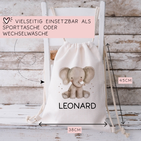 Personalisierter Turnbeutel mit einem Elefant | mit Wunschnamen | Tierkinder | Rucksack für Schule, Kindergarten, KITA und KIGA Wäschebeutel