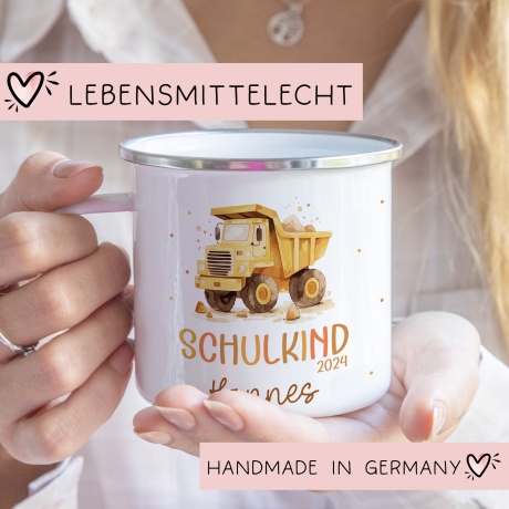LKW Kipplaster Kindertasse Schulkind Name Emaille Tasse Kind Schulanfang personalisiert Kinder Geschenk Geburtstagsgeschenk